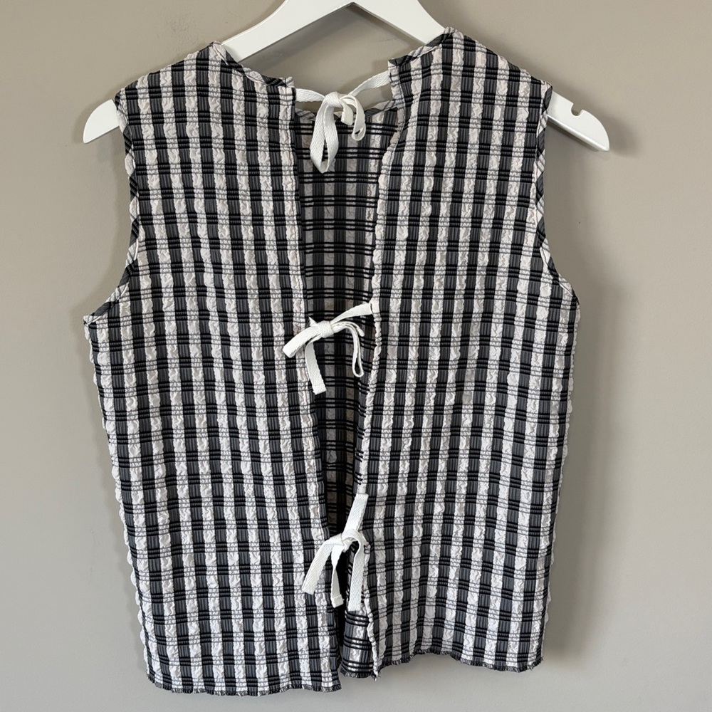 Avn Italy Gingham Bow Back Top Black White Sleeveless Sz 42 Us 6